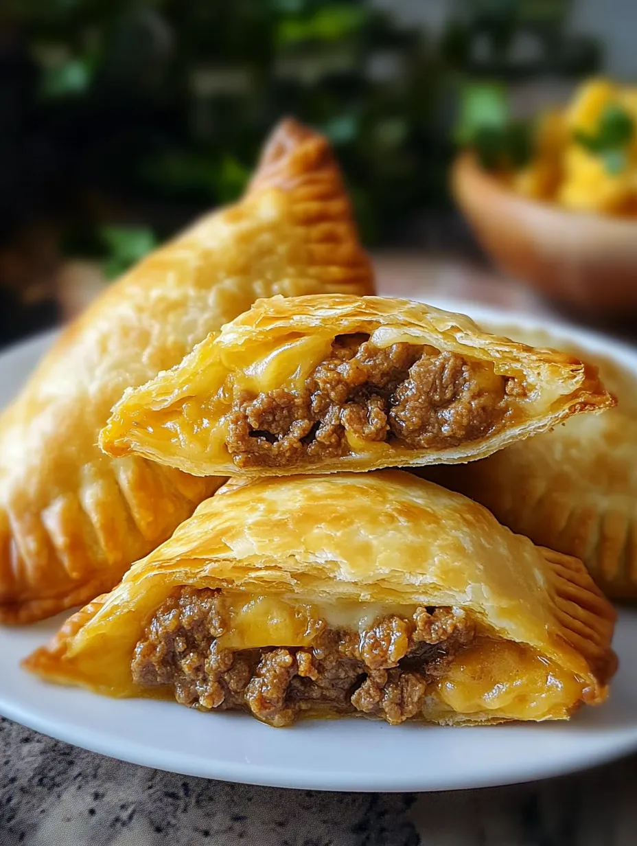 Three delicious meat-filled pastries on a plate.