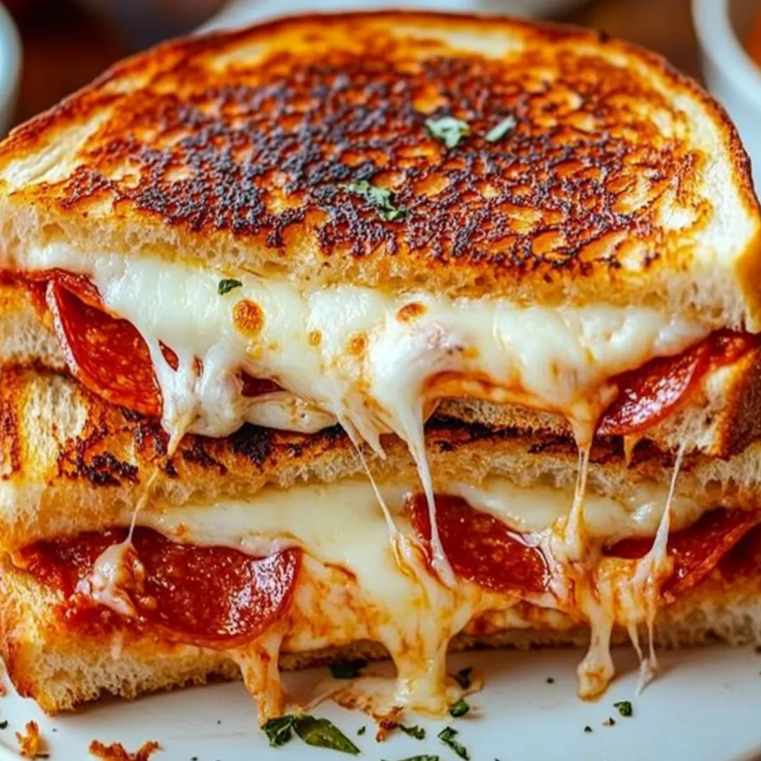 A sandwich with pepperoni and cheese on a white plate.