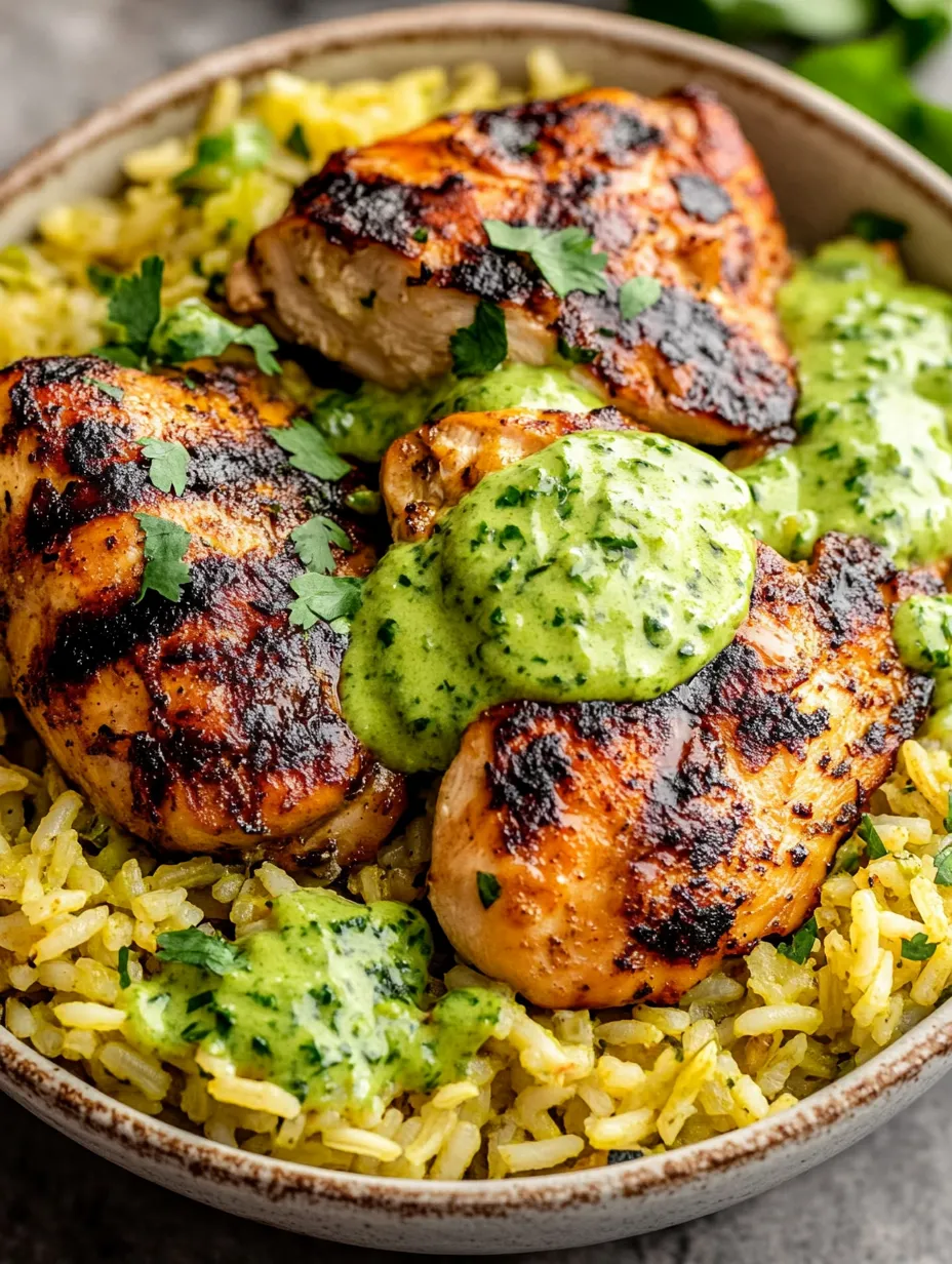 A bowl of rice with chicken and green sauce.