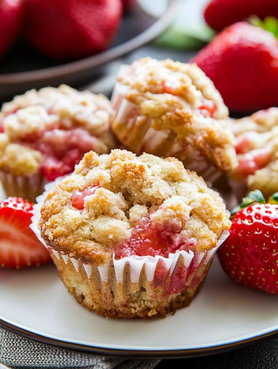 A plate of muffins with strawberries on top.