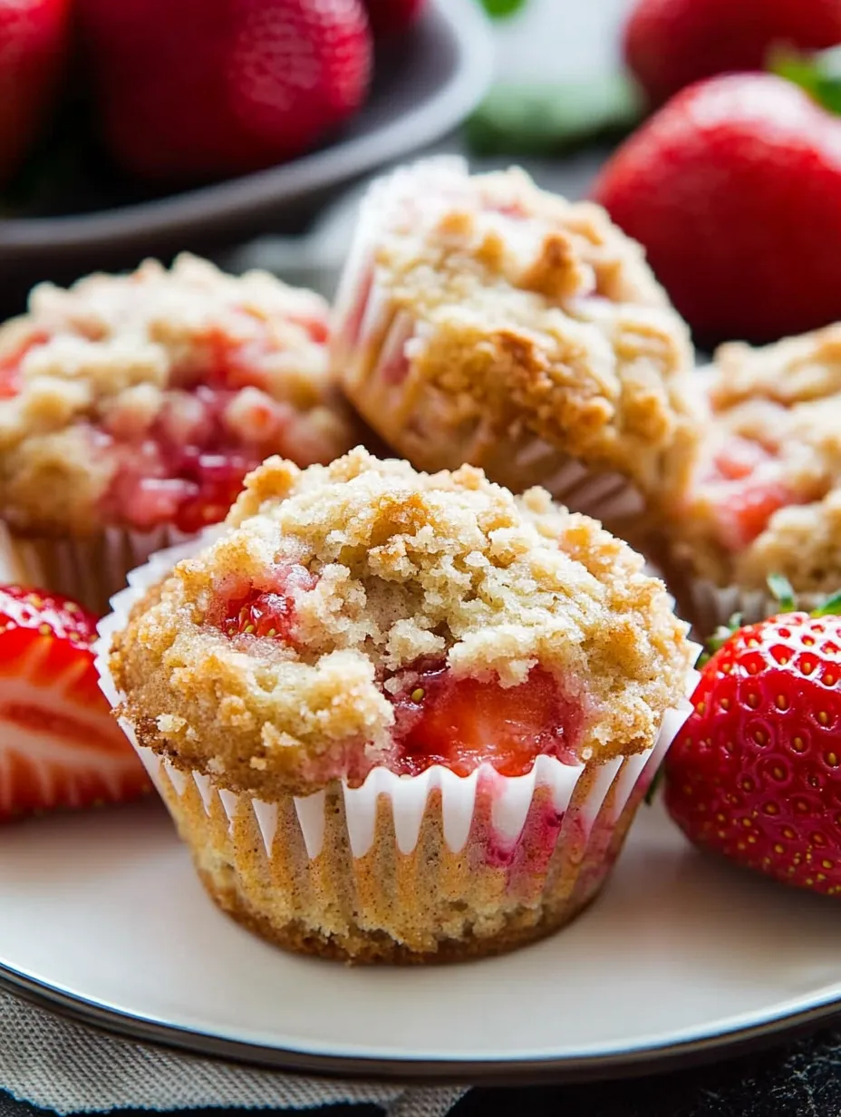 A plate of muffins with strawberries on top.