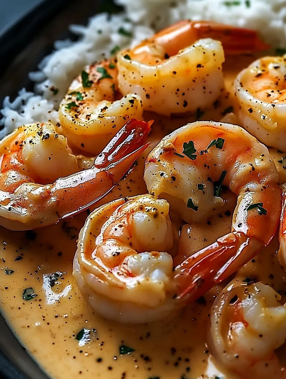 A plate of shrimp with a brown sauce on top.