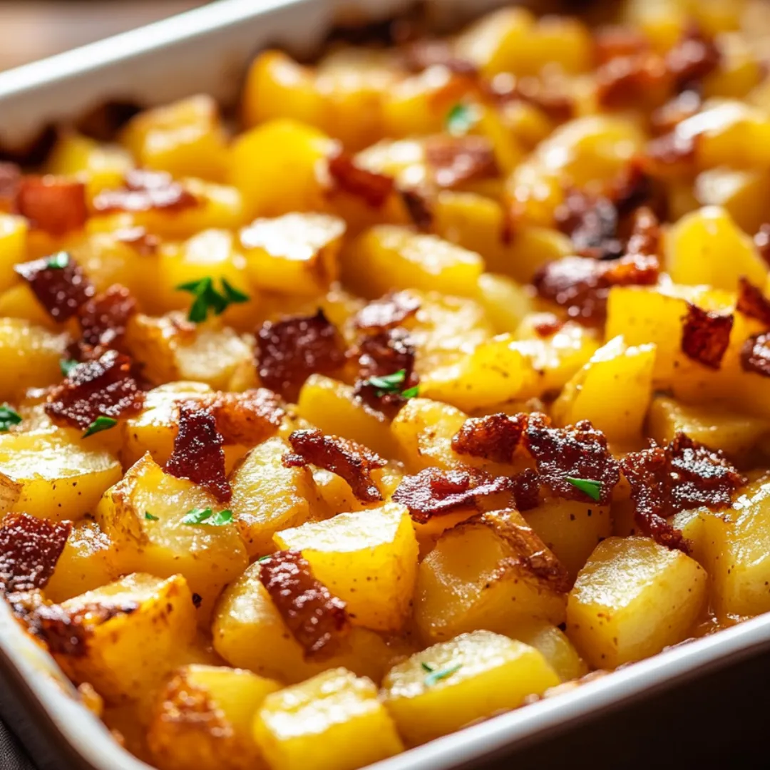 A delicious bacon and potato casserole in a white dish.