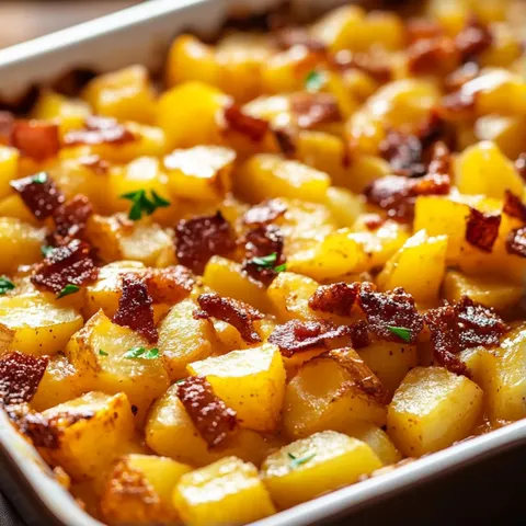 A delicious bacon and potato casserole in a white dish.
