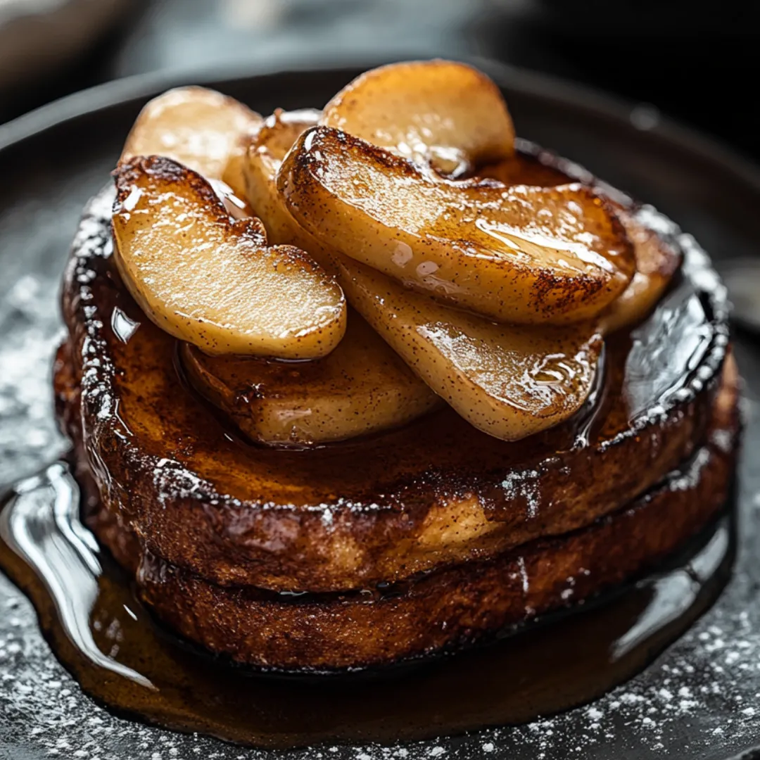 A stack of pancakes with apples on top.