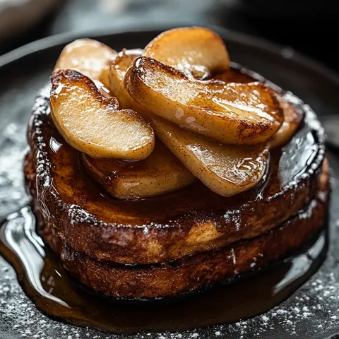 A stack of pancakes with apples on top.