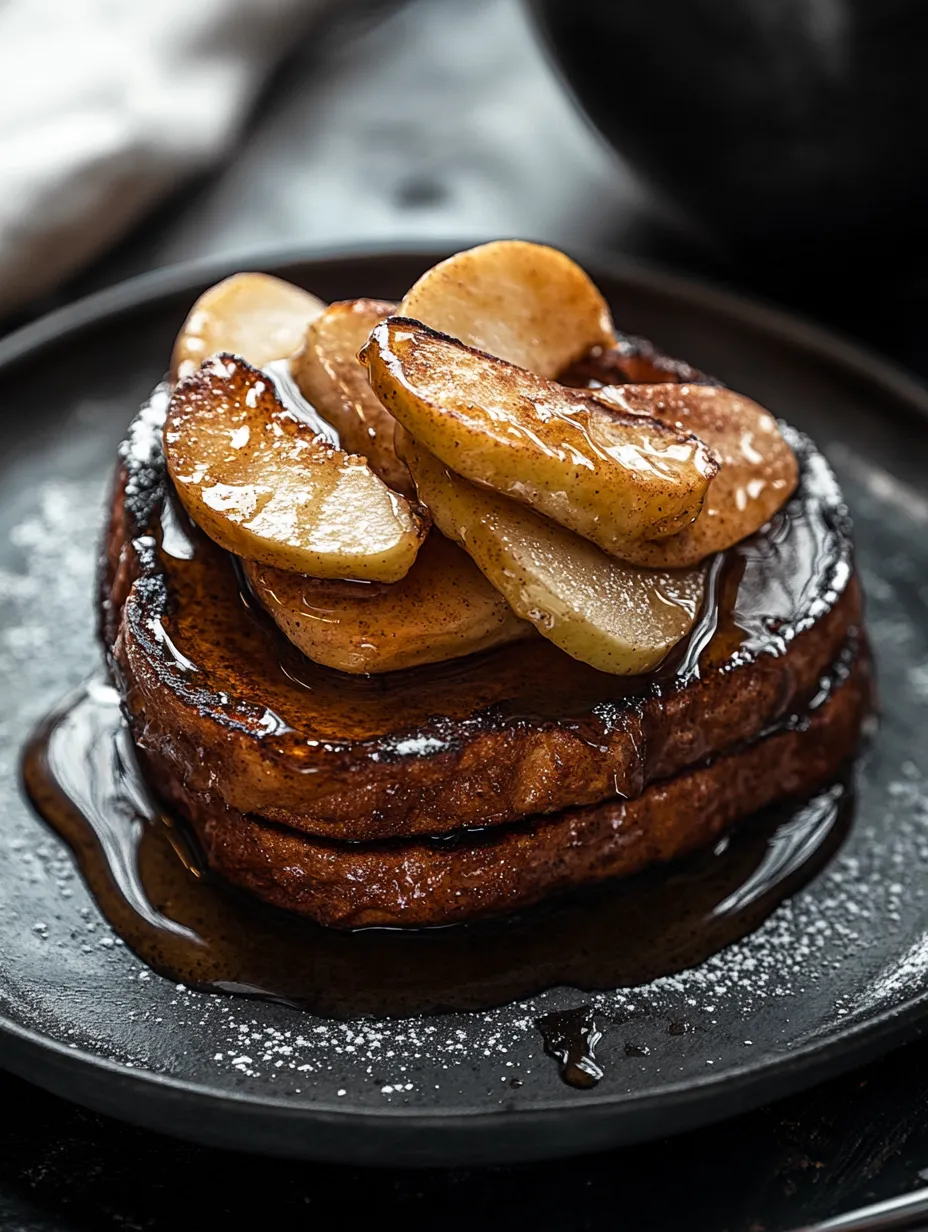A stack of pancakes with apples and syrup on top.