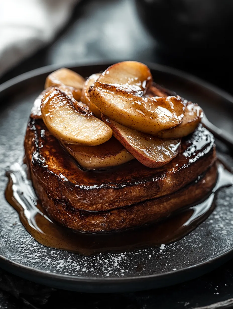 A stack of pancakes with apples on top, drizzled with syrup.
