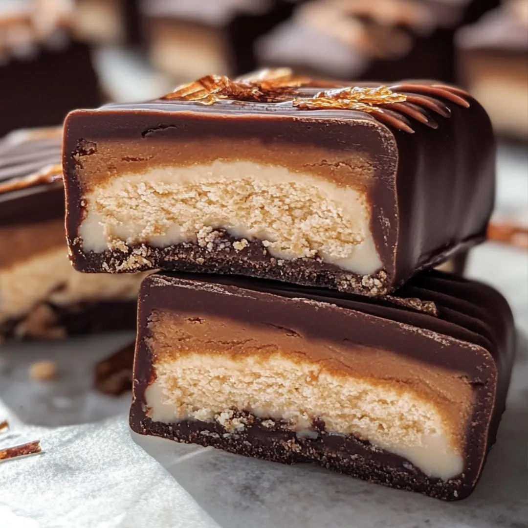 A close up of a chocolate bar with a peanut butter filling.