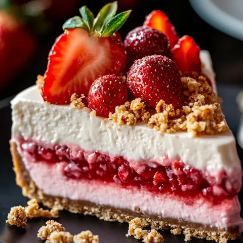 A slice of strawberry cheesecake with a strawberry on top.