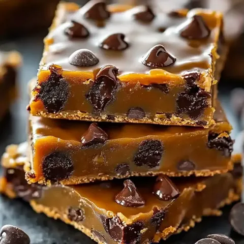 A close-up of a chocolate dessert with chocolate chips and drizzled caramel.