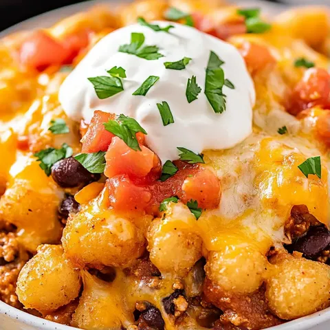 A bowl of food with a white sauce on top.