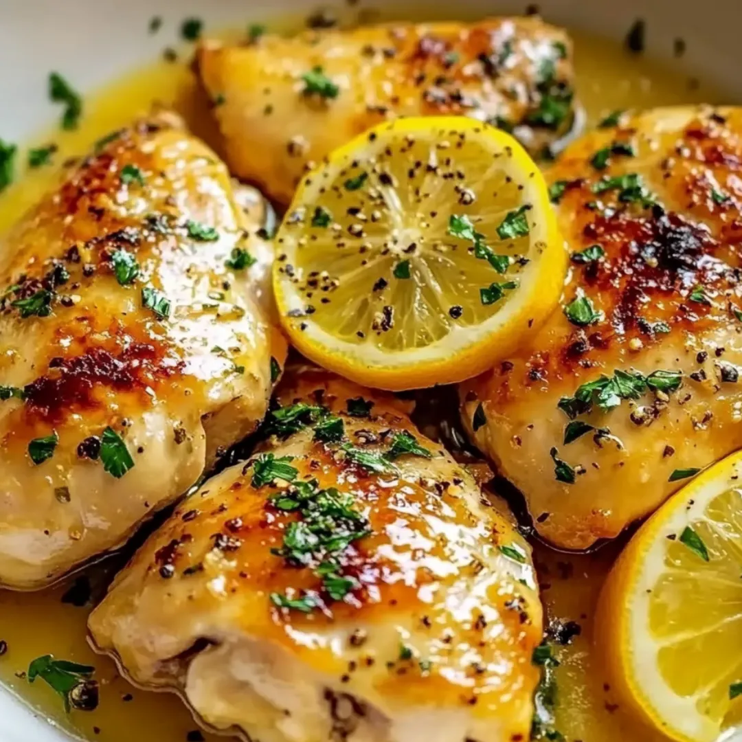 A plate of chicken with lemon slices on top.