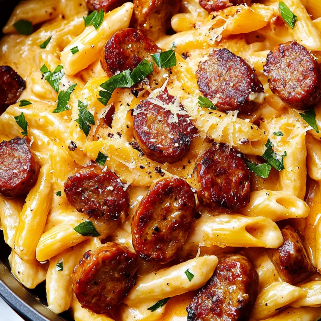 A bowl of pasta with sausage and cheese on top.