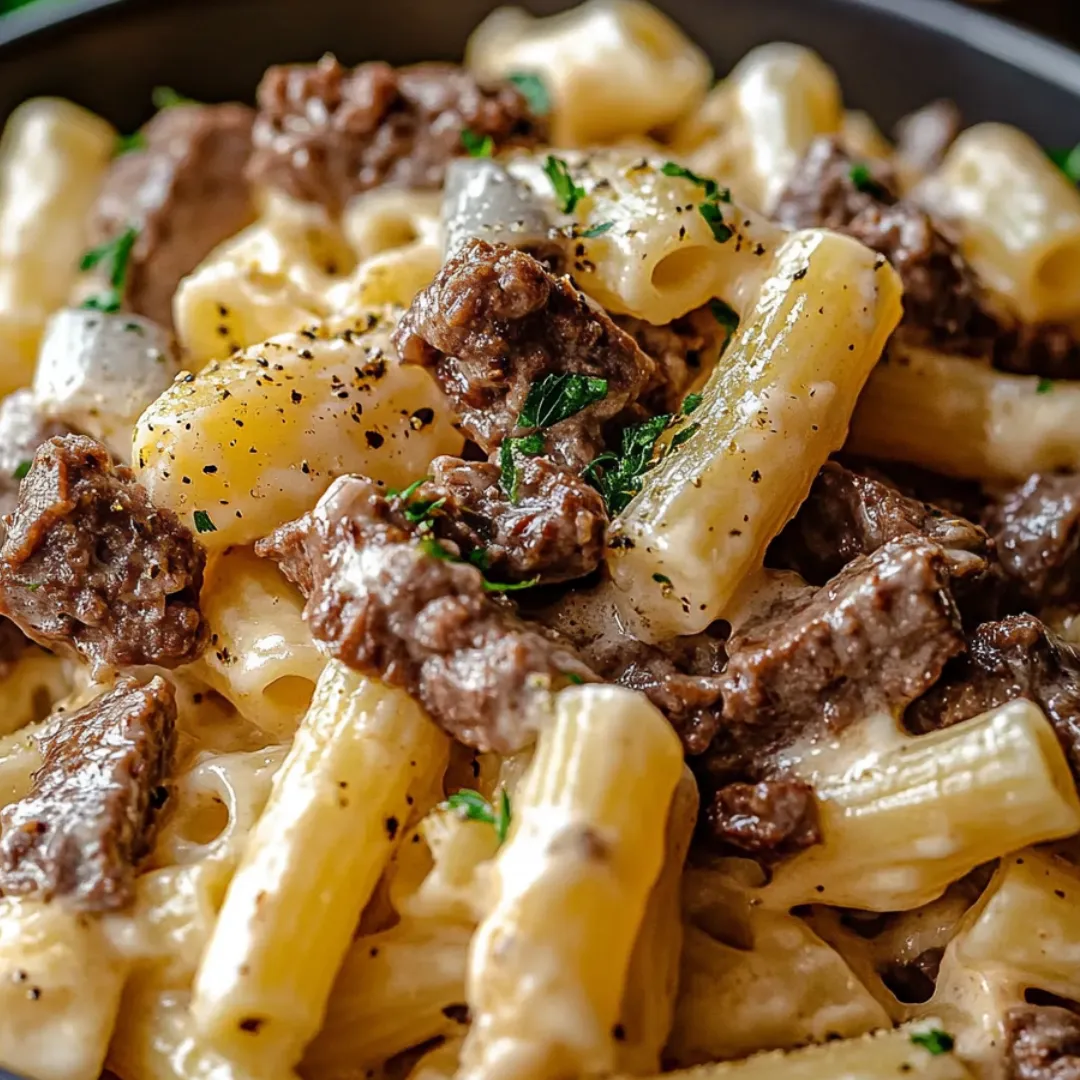 A bowl of pasta with meat and vegetables.