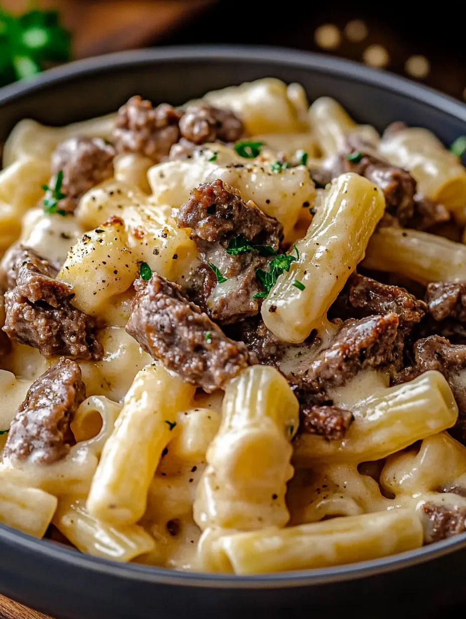 A bowl of pasta with meat and cheese.