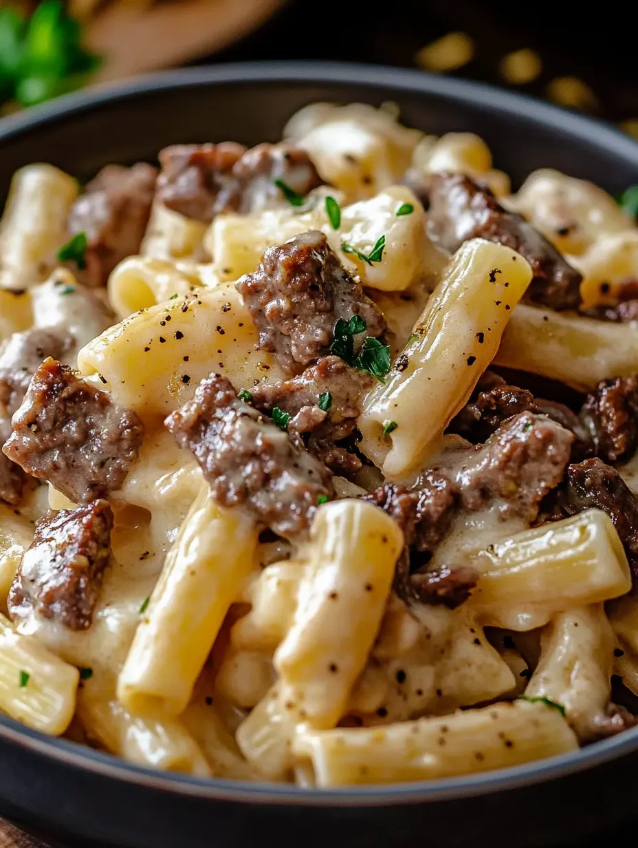 A bowl of pasta with meat and cheese.