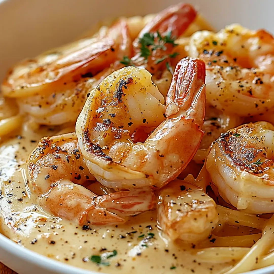 A bowl of shrimp with a white sauce and herbs.