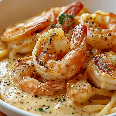 A bowl of shrimp with a white sauce and herbs.