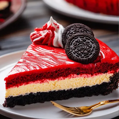 A slice of red velvet cake with white cream and a chocolate cookie on top.