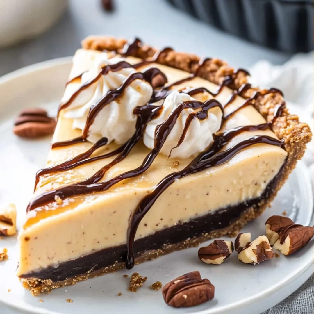A slice of pie with chocolate and whipped cream toppings.