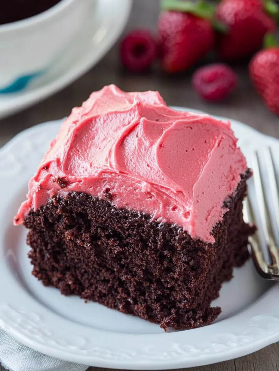 A piece of chocolate cake with pink frosting on a white plate.
