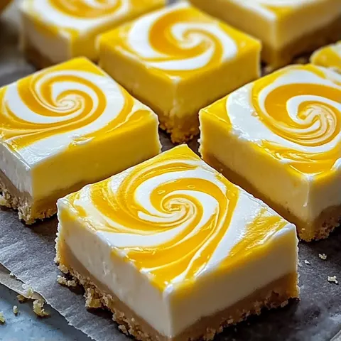 A plate of desserts with a yellow and white swirl pattern.