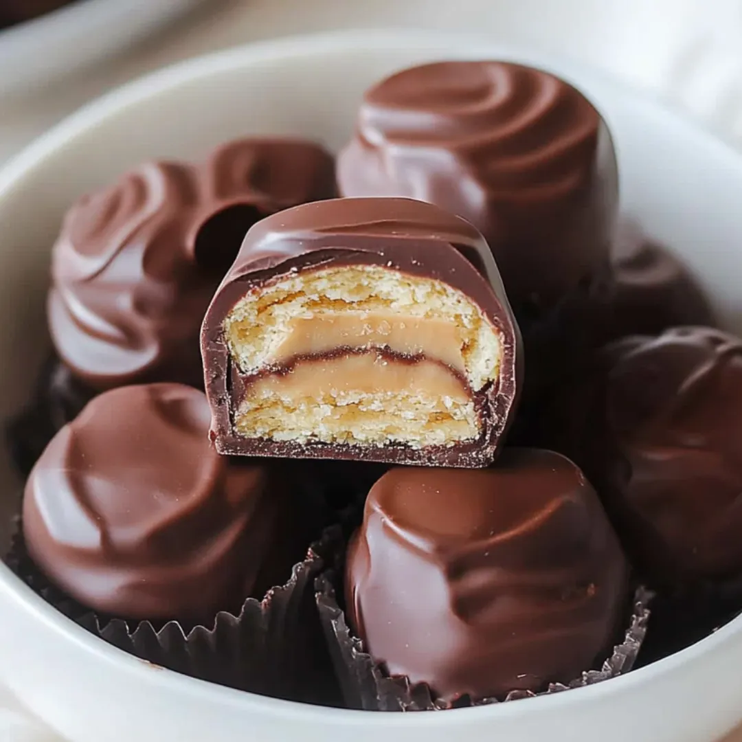 A bowl of chocolate candies with a peanut butter filling.