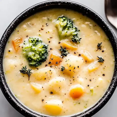 A bowl of soup with broccoli and carrots.
