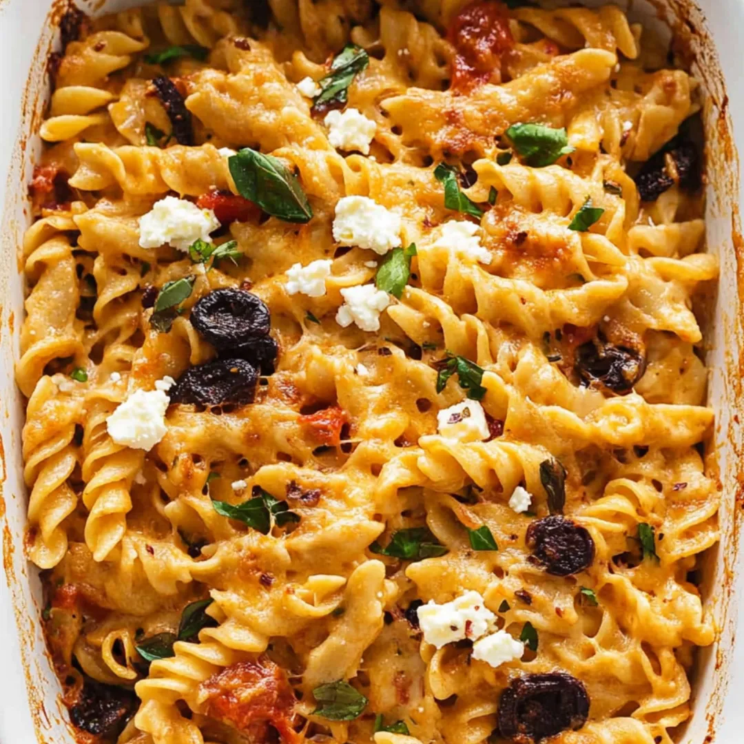 A bowl of pasta with cheese and olives.