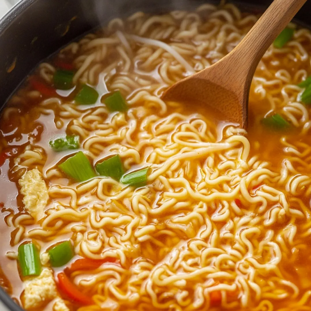 A bowl of noodles with vegetables and a wooden spoon.