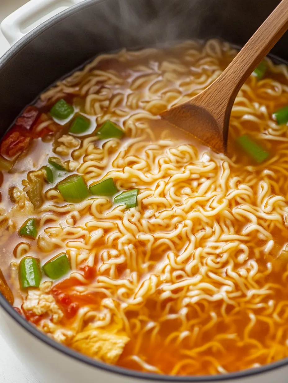 A bowl of noodles with vegetables and a wooden spoon.