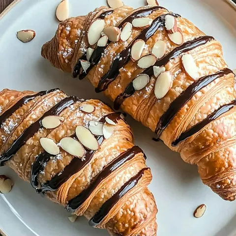 Two croissants with chocolate and almonds on a plate.