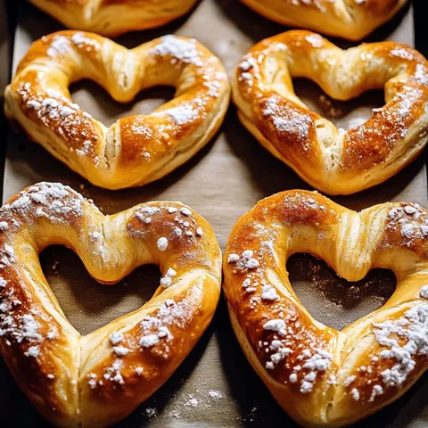 A pan of heart-shaped pretzels with powdered sugar on top.