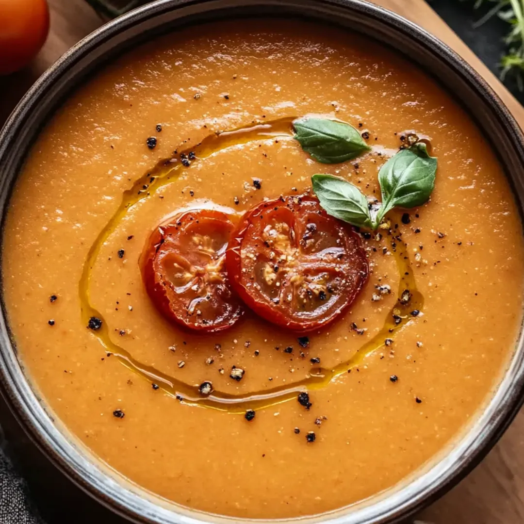 A bowl of soup with tomatoes and basil.