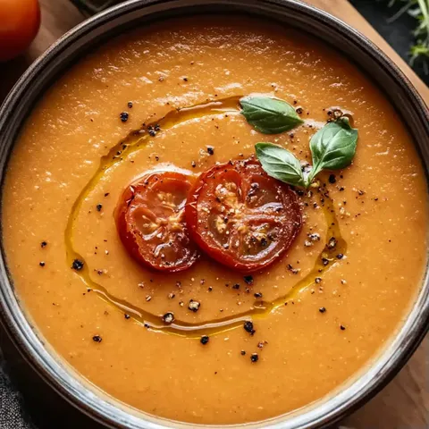 A bowl of soup with tomatoes and basil.