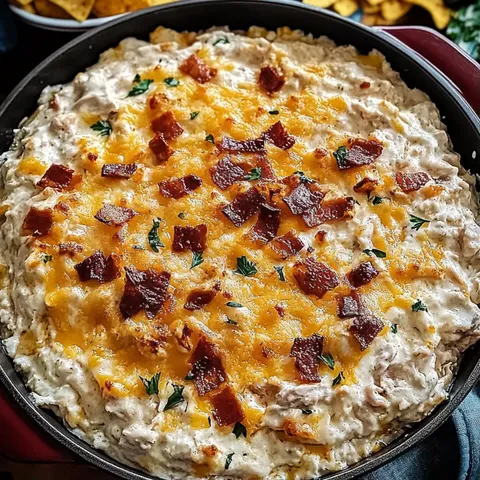 A delicious cheese and bacon casserole in a pan.