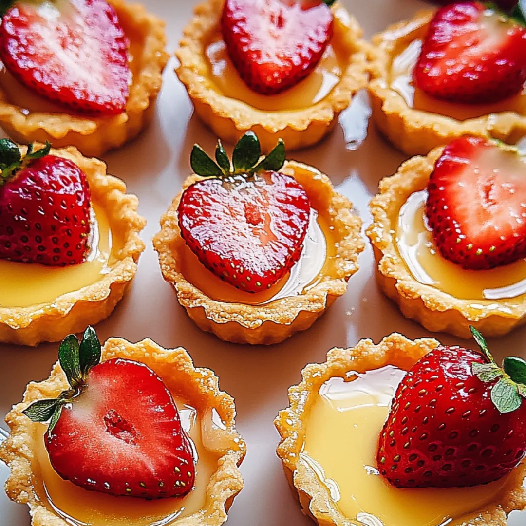 A plate of strawberry tarts with a strawberry on top.