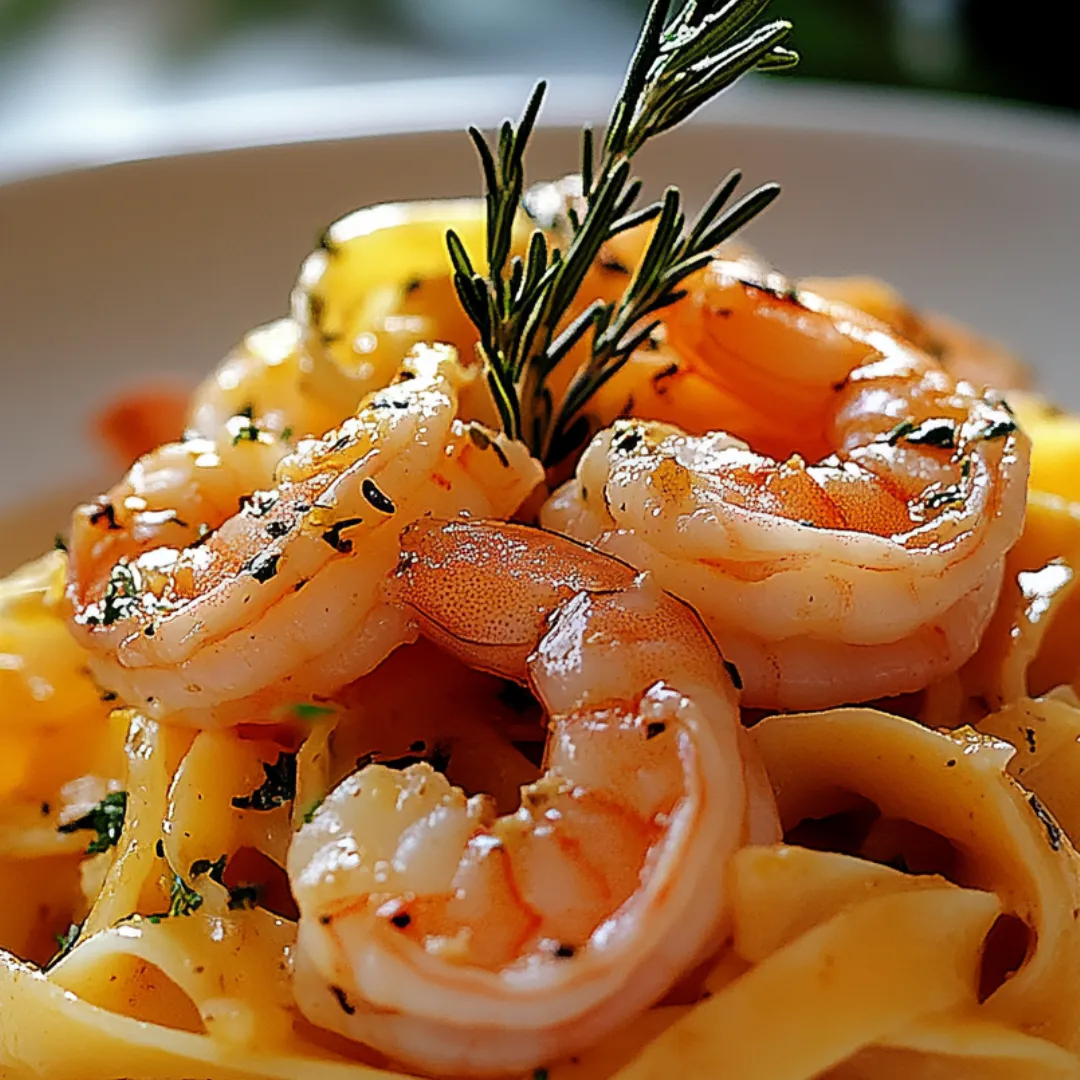 A plate of shrimp and pasta with a sprig of parsley on top.