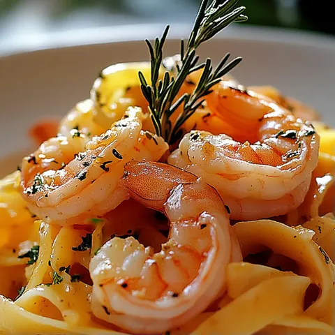A plate of shrimp and pasta with a sprig of parsley on top.