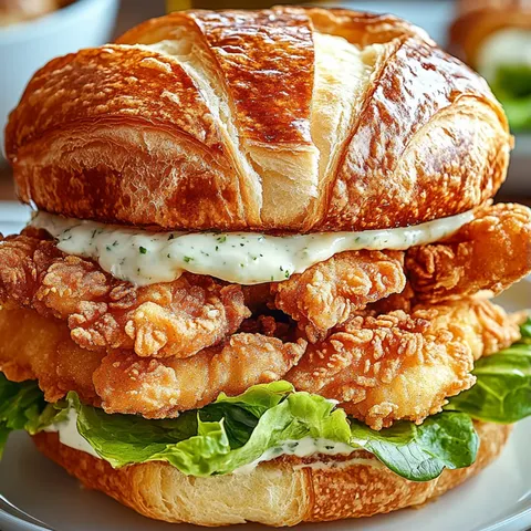 A sandwich with a croissant bun and a side of fries.