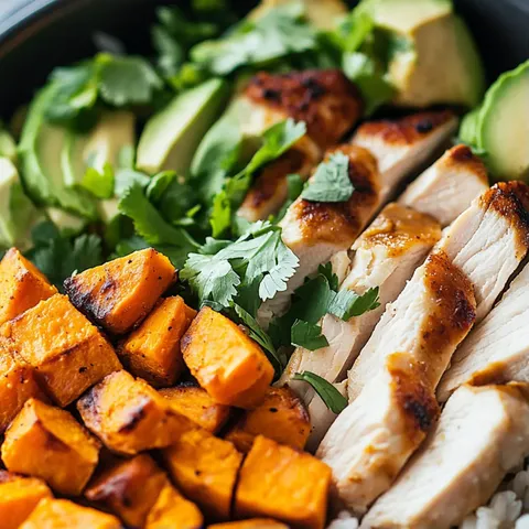 A bowl of food with chicken, avocado, and carrots.