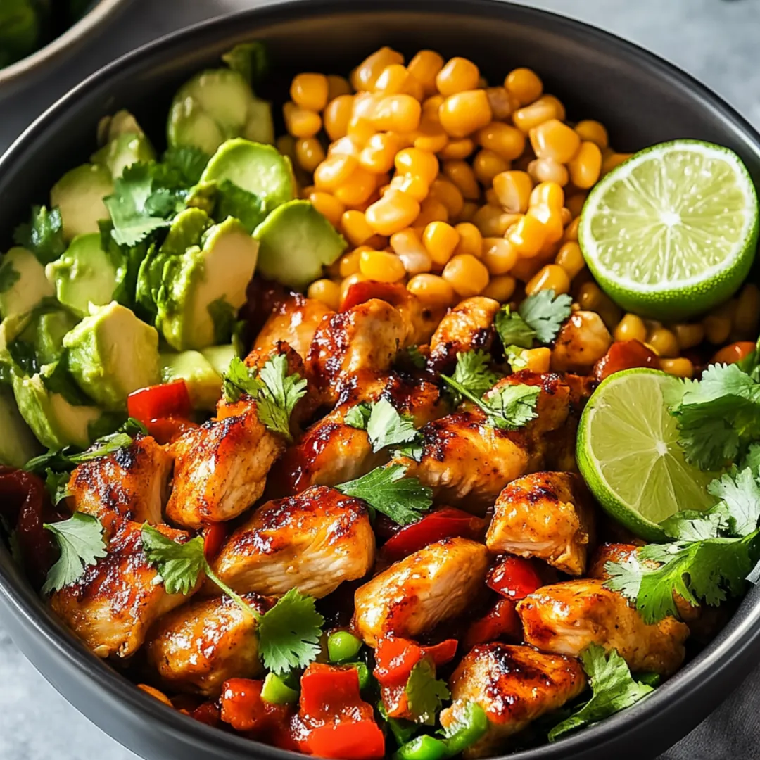 A bowl of food with chicken, corn, and avocado.