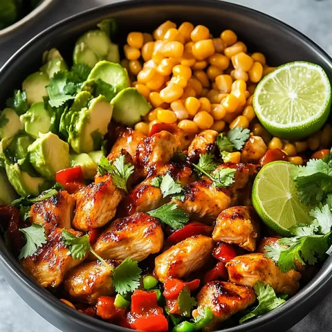 A bowl of food with chicken, corn, and avocado.