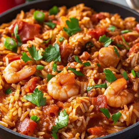 A delicious rice dish with shrimp and vegetables, ready to be served.