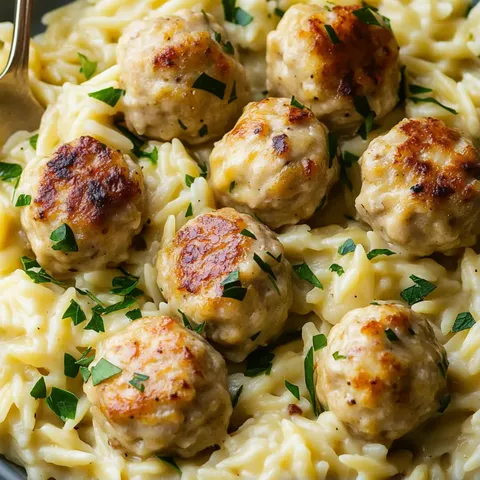 A bowl of pasta with meatballs and vegetables.