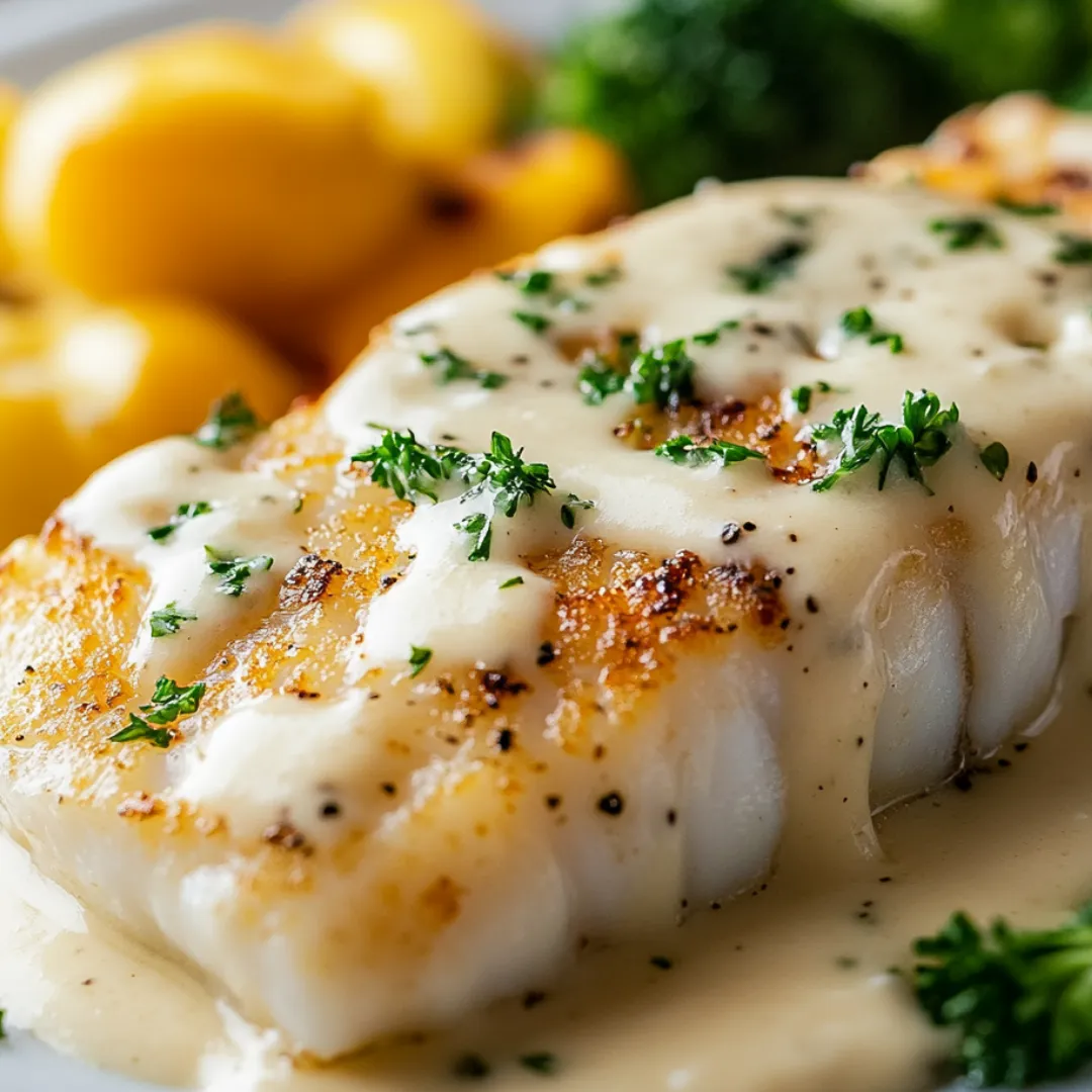 A delicious meal of fish with a creamy sauce and broccoli.