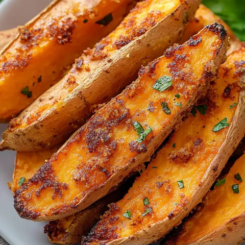 A plate of roasted sweet potatoes with green herbs on top.