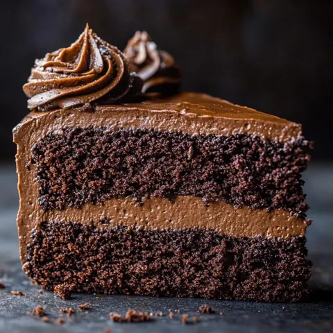 A slice of chocolate cake with a chocolate frosting and whipped cream on top.