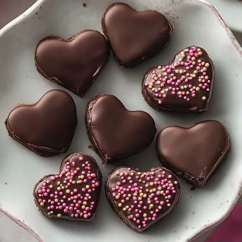 A plate of chocolate hearts with pink sprinkles.